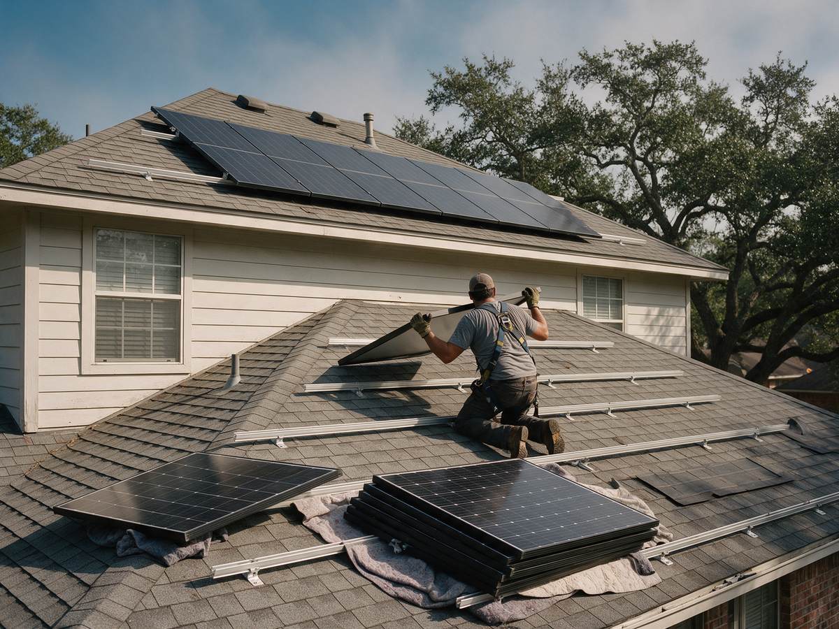 Roofer in a safety harness lifting a solar panel off its mounting rails on a gray asphalt-shingle roof, with detached panels stacked on moving blankets and live oak trees behind the house